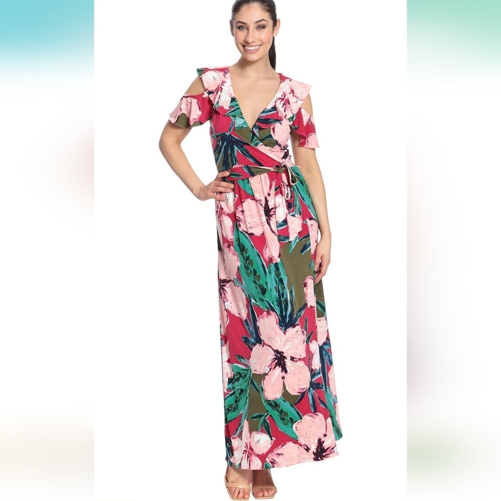 London Times Women's Ruffle V-Neck Cold Shoulder Maxi with Side Slit. Size 10